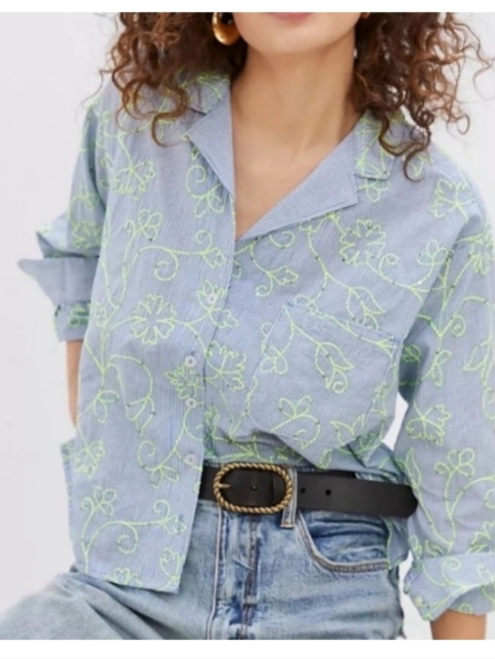 Maeve Anthropologie Clarissa Embroidered Floral Sequin Button Top Blue Striped 6